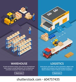 Logistics and warehouse two vertical banners with workers  racks with boxes and cargo transport isometric vector illustration