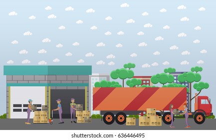 Logistics warehouse vector illustration. Loaders workers unloading goods in cardboard boxes from truck flat style design elements.