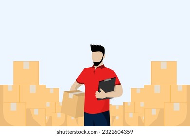 concepto de trabajo de almacén logístico. Trabajador de almacén trabajando en almacén con cajas. Compruebe el pedido de confirmación antes de enviarlo al cliente. ilustración vectorial plana en un fondo blanco.