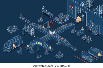 Logistics Warehouse Work Process Concept with Transportation operation service, Industrial Internet of Things and Autonomous Robot. Vector illustration EPS 10