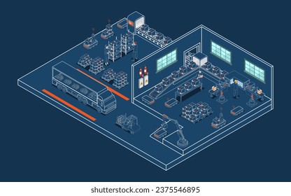 Logistics Warehouse Work Process Concept with Transportation operation service, Industrial Internet of Things and Autonomous Robot. Vector illustration EPS 10