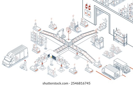 Logistik Lager-Prozess-Konzept mit Transportation Betrieb Service, Industrial Internet of Things und autonomen Roboter. Vektorgrafik EPS 10