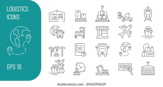 Logistics web icons, Supply chain management. A set of editable icons such as storage in a warehouse, transshipment, multimodal transportation, container, factory and consumer.