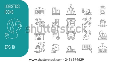 Logistics web icons, Supply chain management. A set of editable icons such as storage in a warehouse, transshipment, multimodal transportation, container, factory and consumer.