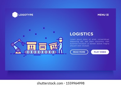 Logistics web page template. Forklift loader puts packages with sign this side up on conveyor belt and mover takes it.  Thin line icons. Vector illustration with copy space.
