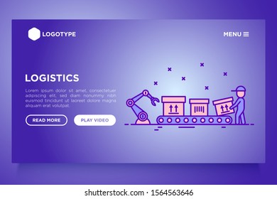 Logistics web page template. Forklift loader puts packages with sign this side up on conveyor belt and mover takes it.  Thin line icons. Vector illustration with copy space.