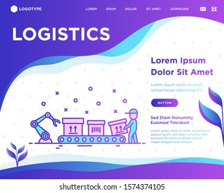 Logistics web page template. Forklift loader puts packages with sign this side up on conveyor belt and mover takes it.  Thin line icons. Vector illustration with copy space.