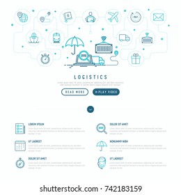 Logistics web page template with thin line icons of delivery, box, airplane, train, marine, crane, globe with pointer. Vector illustration.