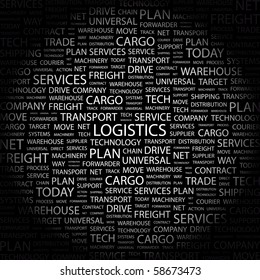 LOGISTICS. Word collage on black background. Illustration with different association terms.