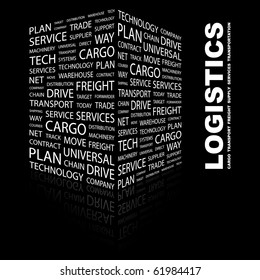 LOGISTICS. Word collage on black background. Illustration with different association terms.