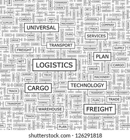 LOGISTICS. Word collage. Seamless illustration.