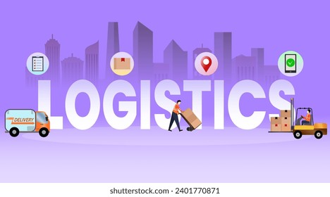 Concepto de palabra logística, sitio web de tipografía, industria de transporte de carga, importación de exportación, concepto de palabra de entrega