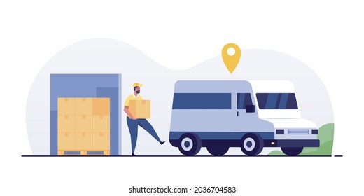 Logistics worker and courier loading truck.