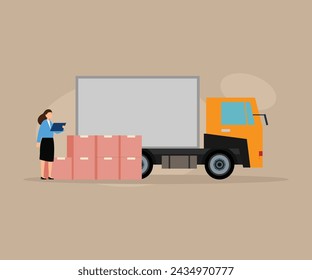 Logistics worker and courier loading truck flat vector illustration