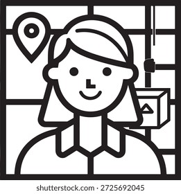 Logistics worker icon showing happy woman inside transport grid with location pin and cargo box, shipment tracking