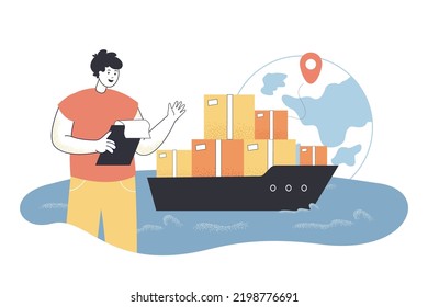 Logistics worker working on import and export of goods worldwide. Delivery and distribution solutions from man flat vector illustration. Shipment concept for banner, website design or landing web page