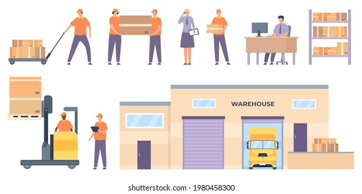 Logistics workers. Merchandise warehouse building and truck, shelves with parcels, couriers, forklifts lift boxes. Flat delivery vector set. Illustration building warehouse, truck and storage