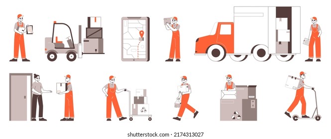 Logistics workers team and delivery service outline elements. Delivery service truck, parcels, couriers and package tracking mobile app vector illustrations set. Goods delivery collection