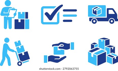 Logistics workflow, cargo handling, transportation. Package inspection, checking list, moving goods, delivery vehicle.