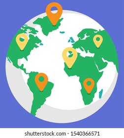 Logistics worldwide B2b, globe with location symbol on countries. Planet with colorful continents, gps object, shipping tracking, international delivery technology, earth symbol on blue, trade vector