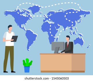 Logistics worldwide b2b, shipping tracking on map, communication by computer. International delivery, export or import, workers discussion. E-commerce trade, distribution between states vector