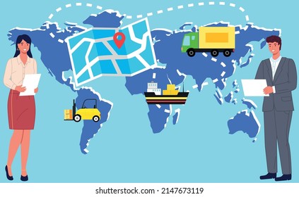 Logistics worldwide, international shipment and delivery of loads and orders. People work with transportation of goods around world. Delivery of parcels all over planet. Logistics website template