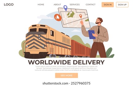 Logistics worldwide, international shipment and delivery of loads and orders. People work with transportation of goods around world. Delivery of parcels all over planet. Logistics website template