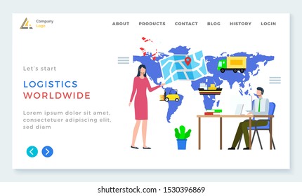 Logistics worldwide, man and woman communication with computer, international delivery. Shipping tracking on map, send parcel, business and e-commerce. App slider or webpage template, landing page