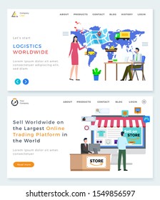 Logistics worldwide and online trading platform vector. People working with products and orders of clients, map with location and cargo status. Website or webpage template, landing page flat style