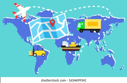 Logistics worldwide vector, map of world with geotag location pointer. Flat style international business, lorry and plane, cargo shipping, ship and ferry with products for clients. Means of transport