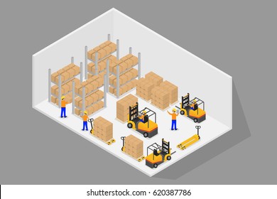 Logistics.3D Isometric inside warehouse with forklift and hand lift.Stacking on the shelf