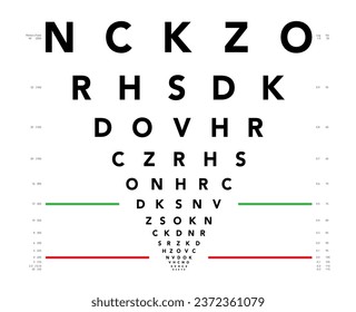 Gráfico LogMAR Ilustración médica de Eye Test Chart. Esquema del estilo de esbozo del vector de línea aislado en fondo blanco. Optometrista oftálmico para examen visual Verificación de gafas ópticas