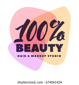 Logo 100 % Beauty Vector Lettering. Custom handmade calligraphy. Vector Illustration. 