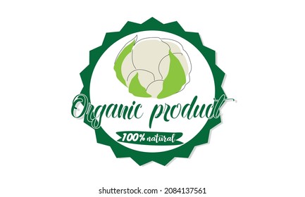The logo of 100% natural organic product is cauliflower. The sign is suitable for packaging, eco organic product, business, food label design.