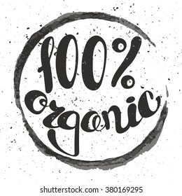 Logo 100% organic with leaves, natural product, organic, healthy food. Organic food badge in vector (cosmetic, food). Lettering 100% organic