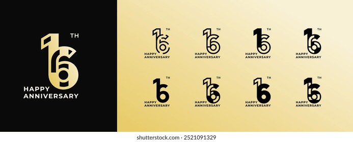 Logo 16th, 11th-19th, 11-19 years happy anniversary, Creative design template for celebration, birthday, greeting and invitation. Editable file