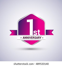 Logo 1st anniversary celebration isolated in red hexagon shape and red ribbon colored, vector design.