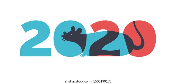 Logo 2020 happy new year, christmas. Vector flat illustration with a silhouette image of a mouse. The rat is the talisman of the eastern calendar.