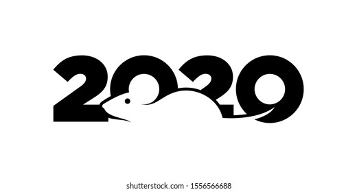 Logo 2020 happy new year with mice element. merry Christmas. Vector flat illustration with mouse negative space image. The rat is the talisman of the chinese eastern calendar. - VECTOR