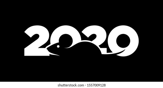 Logo 2020 happy new year with mice element. merry Christmas. Vector flat illustration with mouse negative space image. The rat is the talisman of the chinese eastern calendar. - VECTOR