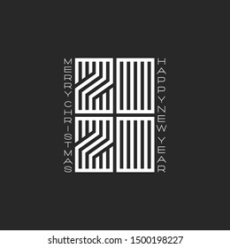 Logo 2020 monogram number and text Merry Christmas Happy New Year black and white colors, minimalist style emblem, linear design element for typography greeting poster or calendar cover