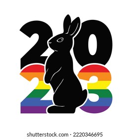 Logo 2023 with rabbit and rainbow flag. LGBTQ support. Vector graphic simple illustration isolated on white background.