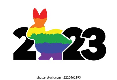 Logo 2023 with rabbit and rainbow flag. LGBTQ support. Vector graphic simple illustration isolated on white background.