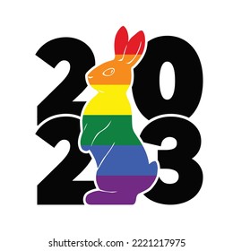 Logo 2023 with rabbit and rainbow flag. LGBT support. Vector graphic simple illustration isolated on white background.