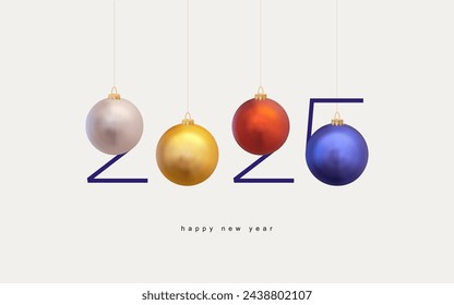 Logo 2025 with New Year's realistic colored Christmas balls. Happy New Year 2025 template with hanging number. Greeting concept for 2025 New Year celebration. Vector Christmas illustration.