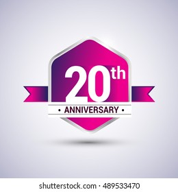 Logo 20th anniversary celebration isolated in red hexagon shape and red ribbon colored, vector design