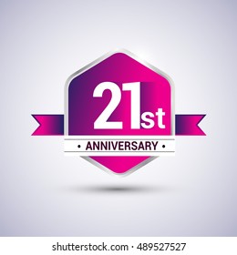 Logo 21st anniversary celebration isolated in red hexagon shape and blue ribbon colored, vector design.