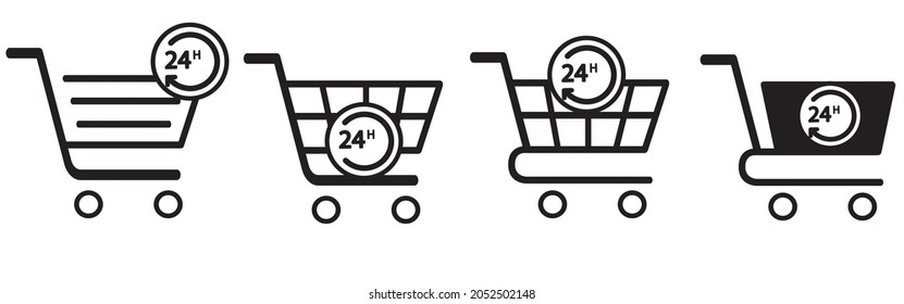 Logotipo 24 horas 7 días con silueta de carrito de la compra con líneas de fondo blanco 