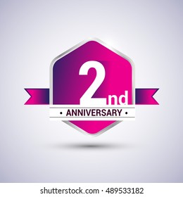 Logo 2nd anniversary celebration isolated in red hexagon shape and red ribbon colored, vector design.