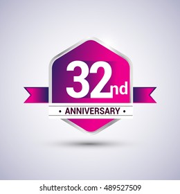 Logo 32nd anniversary celebration isolated in red hexagon shape and blue ribbon colored, vector design.